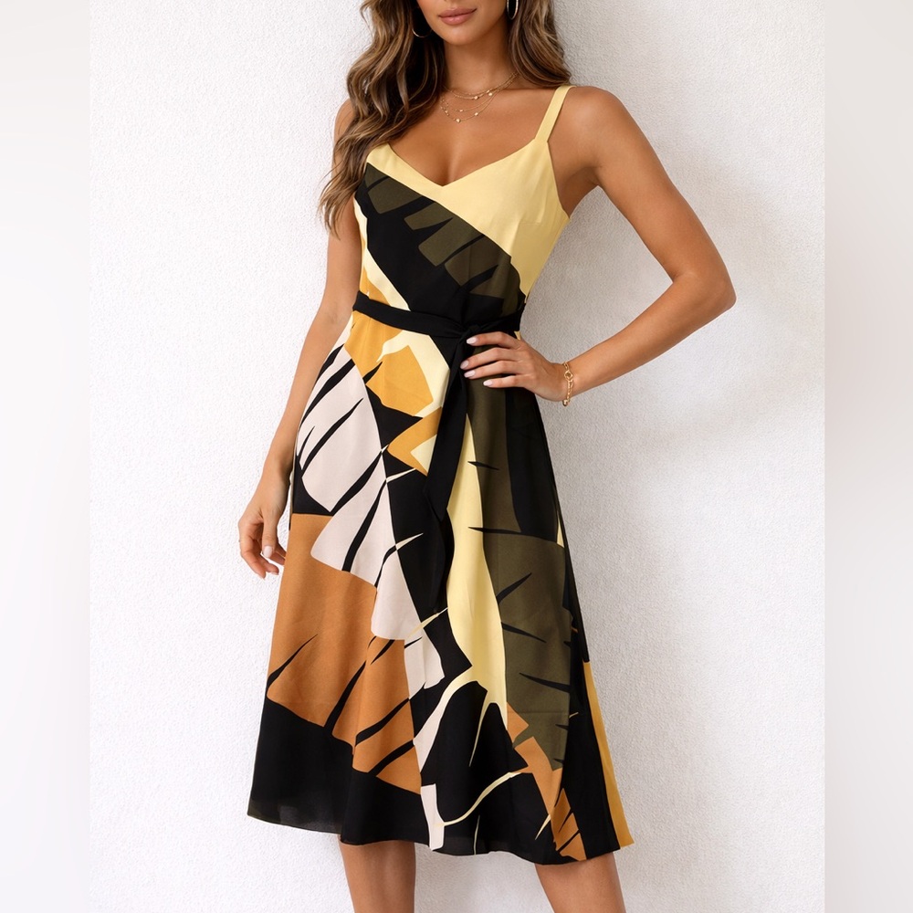 Womens Yellow Black Dress Sleeveless Flowy Midi size S Casual